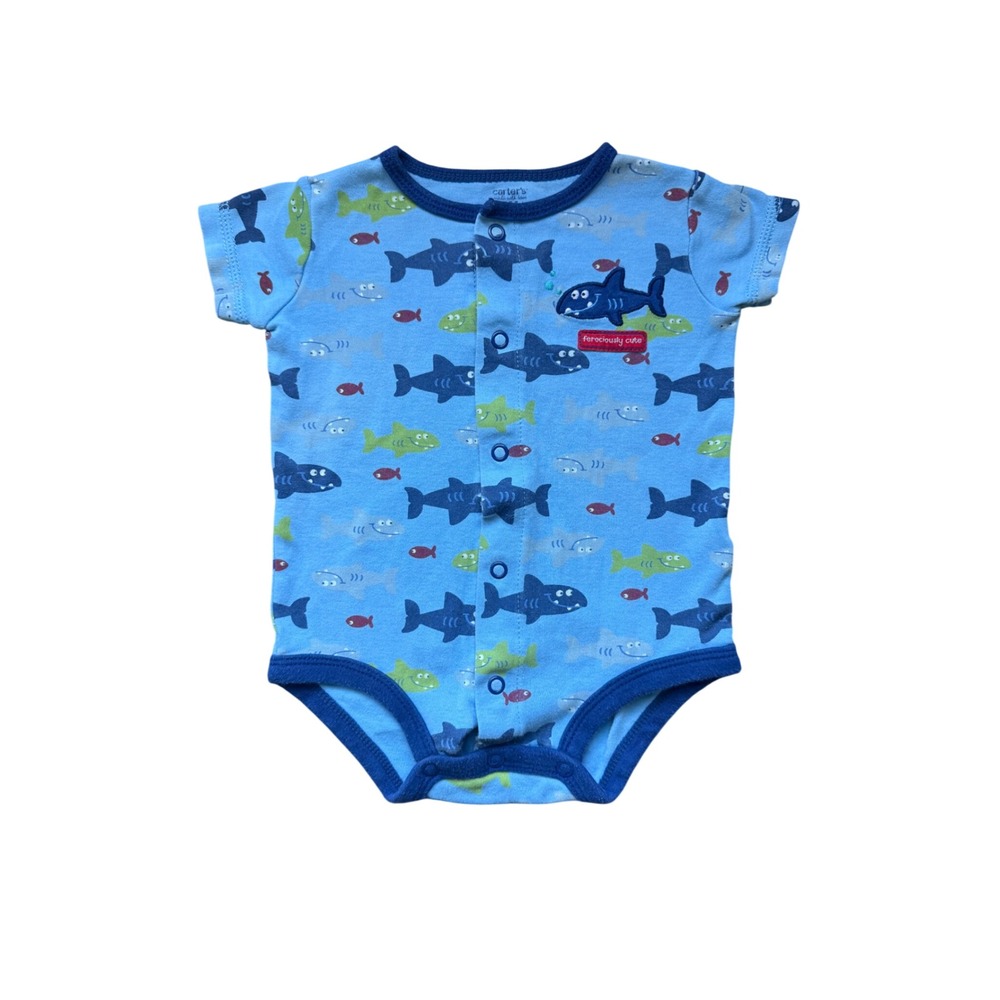 Carter's vintage Bodysuit‎ 9 Months Blue Short Sleeve Shark stitched